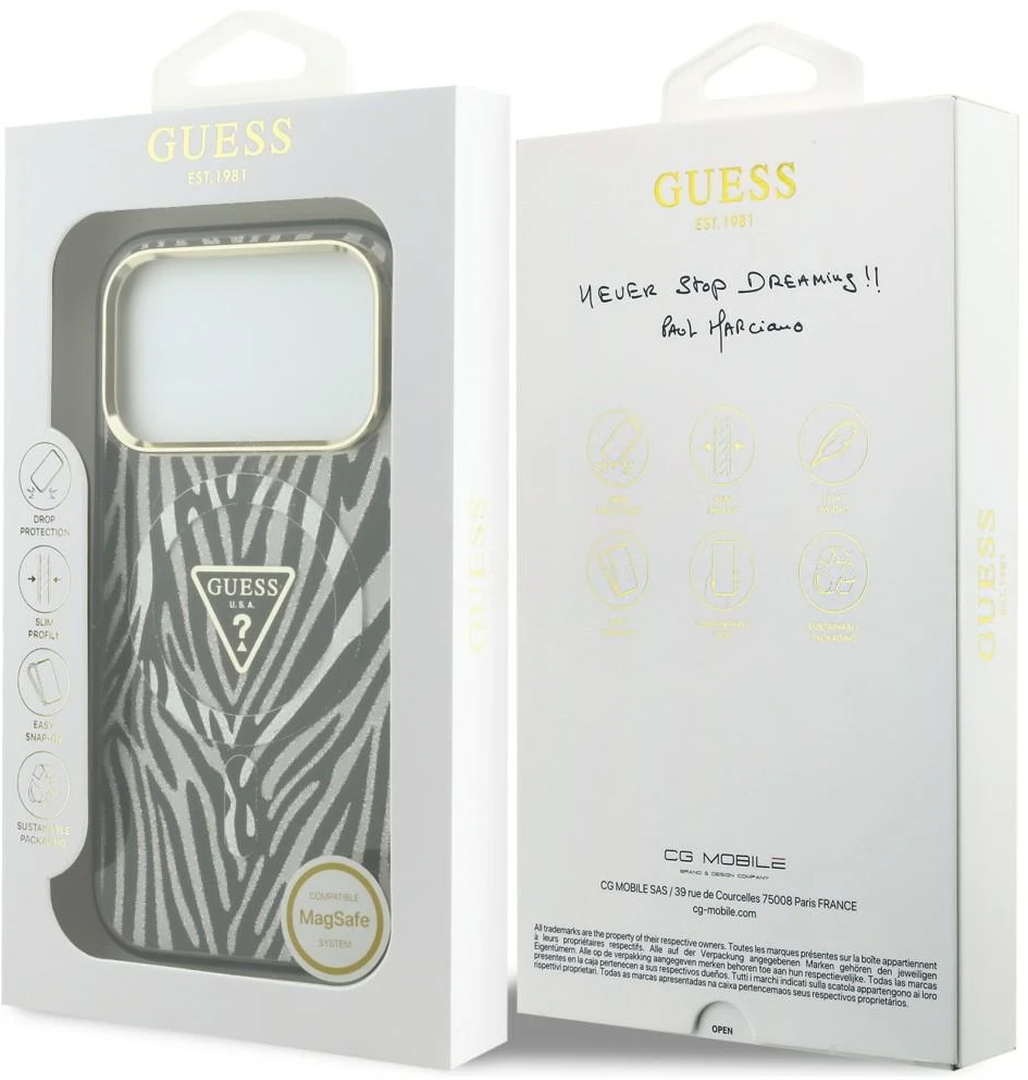 Dėklas Guess IML Zebra Glitter Triangle Logo MagSafe do iPhone 18 Pro / 17 Pro sidabrinė