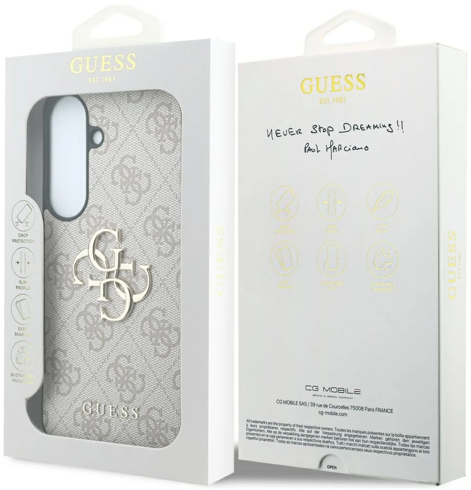 Dėklas Guess Leather 4G Metal Logo do Samsung Galaxy S26 FE rožinė