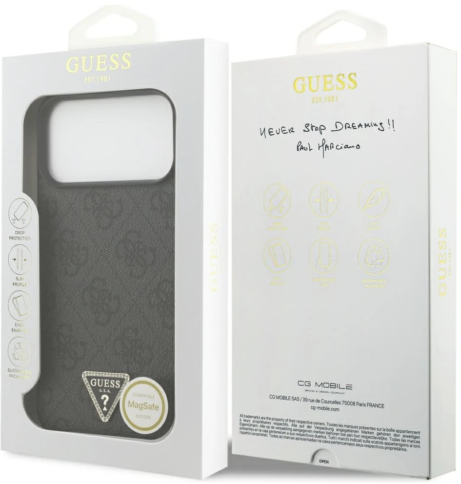 Dėklas Guess Leather 4G Triangle Strass MagSafe Case for iPhone 17 Pro Max / 18 Pro Max - Juodas