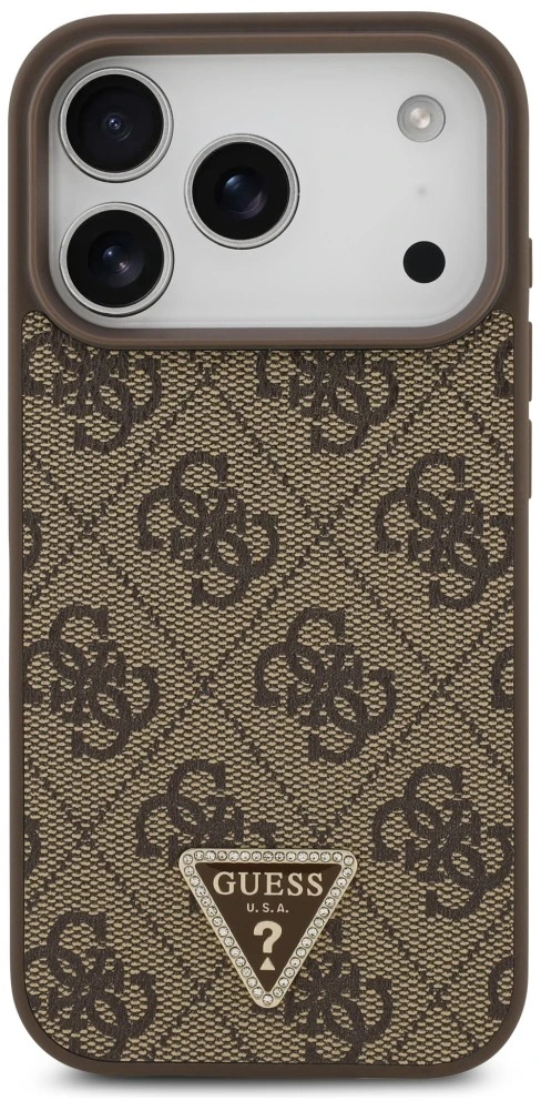 Dėklas Guess Leather 4G Triangle Strass MagSafe do iPhone 18 Pro / 17 Pro ruda