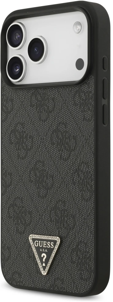 Dėklas Guess Leather 4G Triangle Strass MagSafe Case for iPhone 17 Pro Max / 18 Pro Max - Juodas