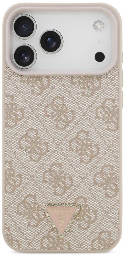 Dėklas Guess Leather 4G Triangle Strass MagSafe Case for iPhone 17 Pro Max / 18 Pro Max - Rožinė