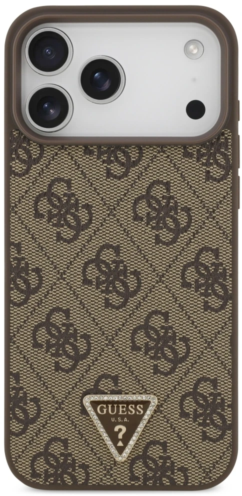 Dėklas Guess Leather 4G Triangle Strass MagSafe Case for iPhone 17 Pro Max / 18 Pro Max - Brown