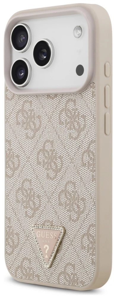 Dėklas Guess Leather 4G Triangle Strass MagSafe do iPhone 18 Pro / 17 Pro rožinė