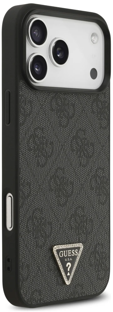 Dėklas Guess Leather 4G Triangle Strass MagSafe Case for iPhone 17 Pro Max / 18 Pro Max - Juodas