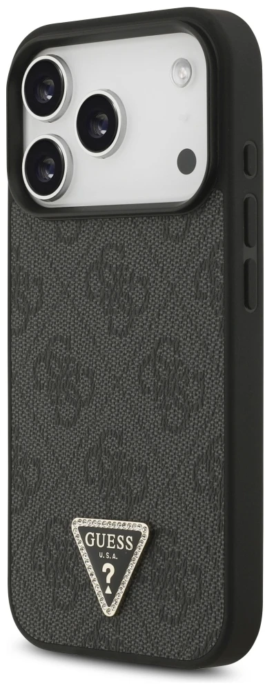 Dėklas Guess Leather 4G Triangle Strass MagSafe do iPhone 18 Pro / 17 Pro juoda