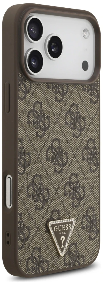 Dėklas Guess Leather 4G Triangle Strass MagSafe Case for iPhone 17 Pro Max / 18 Pro Max - Brown