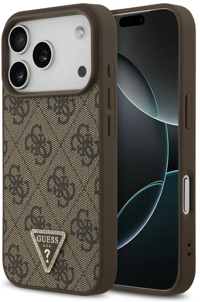 Dėklas Guess Leather 4G Triangle Strass MagSafe do iPhone 18 Pro / 17 Pro ruda