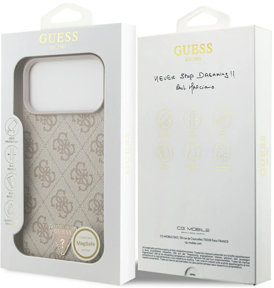 Dėklas Guess Leather 4G Triangle Strass MagSafe Case for iPhone 17 Pro Max / 18 Pro Max - Rožinė