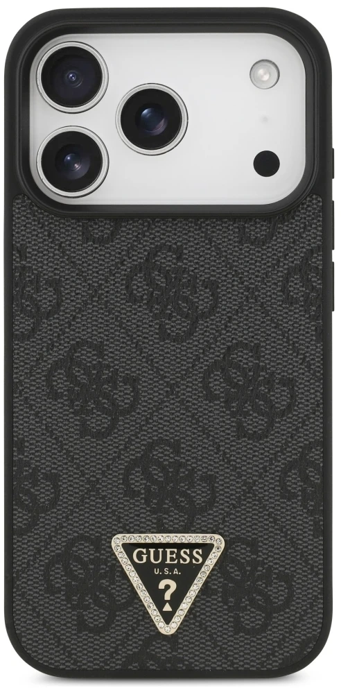 Dėklas Guess Leather 4G Triangle Strass MagSafe do iPhone 18 Pro / 17 Pro juoda