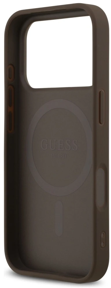 Dėklas Guess Leather 4G Triangle Strass MagSafe do iPhone 18 Pro / 17 Pro ruda