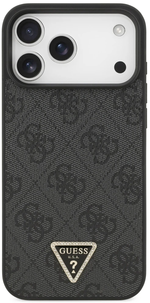Dėklas Guess Leather 4G Triangle Strass MagSafe Case for iPhone 17 Pro Max / 18 Pro Max - Juodas