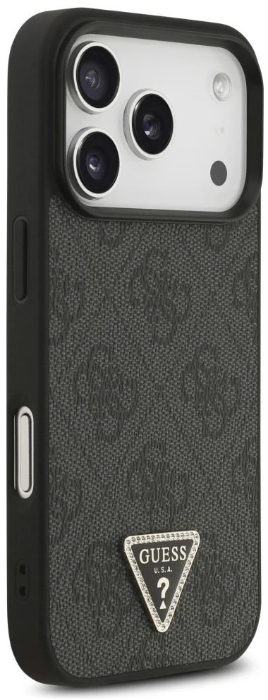Dėklas Guess Leather 4G Triangle Strass MagSafe do iPhone 18 Pro / 17 Pro juoda