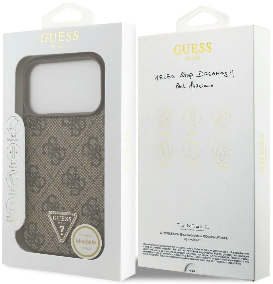 Dėklas Guess Leather 4G Triangle Strass MagSafe do iPhone 18 Pro / 17 Pro ruda