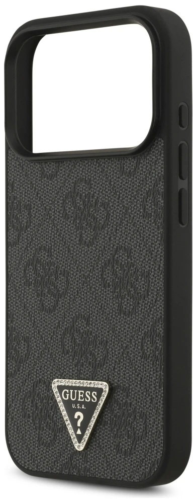 Dėklas Guess Leather 4G Triangle Strass MagSafe do iPhone 18 Pro / 17 Pro juoda
