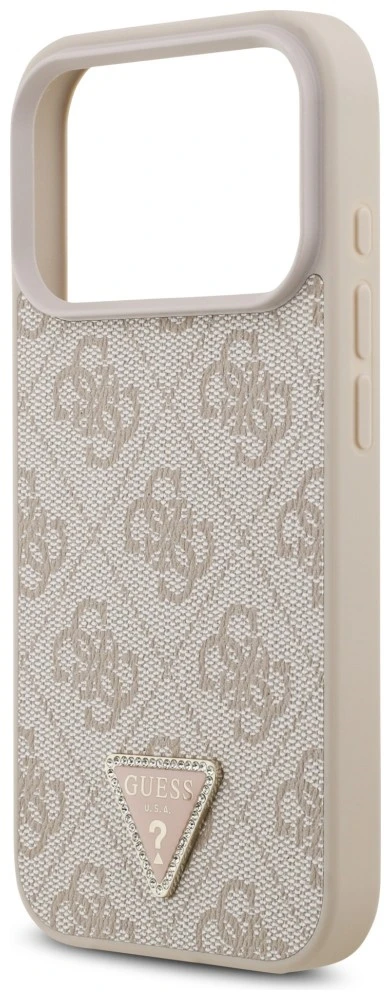 Dėklas Guess Leather 4G Triangle Strass MagSafe do iPhone 18 Pro / 17 Pro rožinė