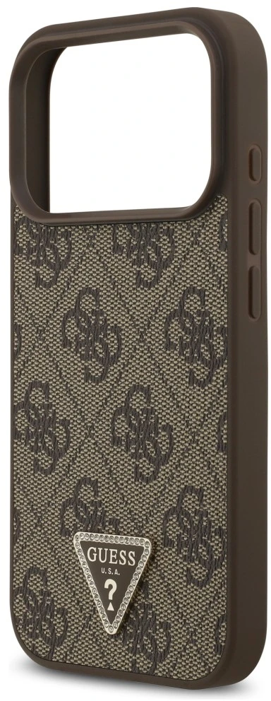 Dėklas Guess Leather 4G Triangle Strass MagSafe do iPhone 18 Pro / 17 Pro ruda