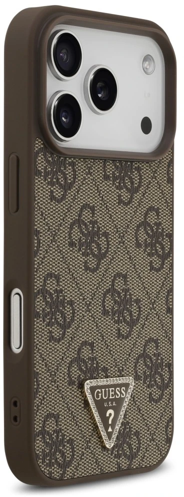 Dėklas Guess Leather 4G Triangle Strass MagSafe do iPhone 18 Pro / 17 Pro ruda