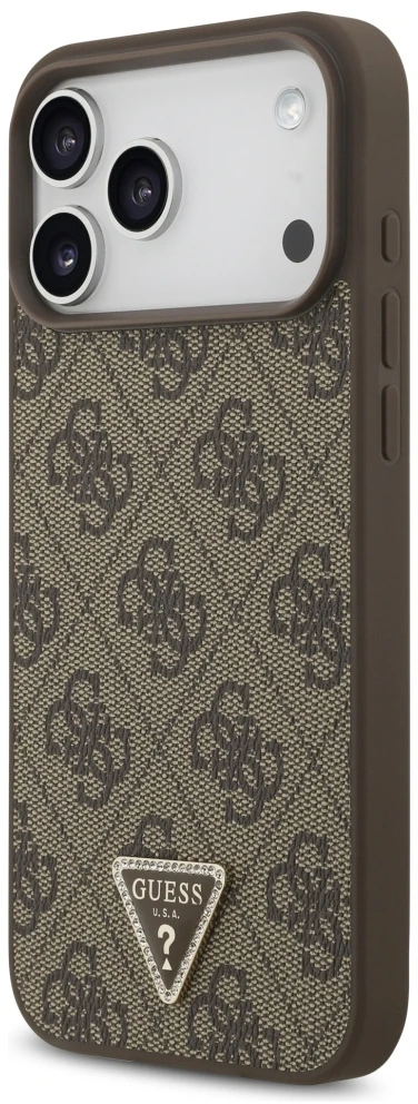 Dėklas Guess Leather 4G Triangle Strass MagSafe Case for iPhone 17 Pro Max / 18 Pro Max - Brown