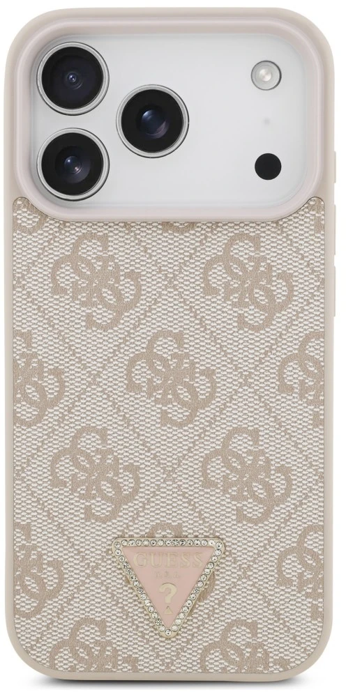 Dėklas Guess Leather 4G Triangle Strass MagSafe do iPhone 18 Pro / 17 Pro rožinė
