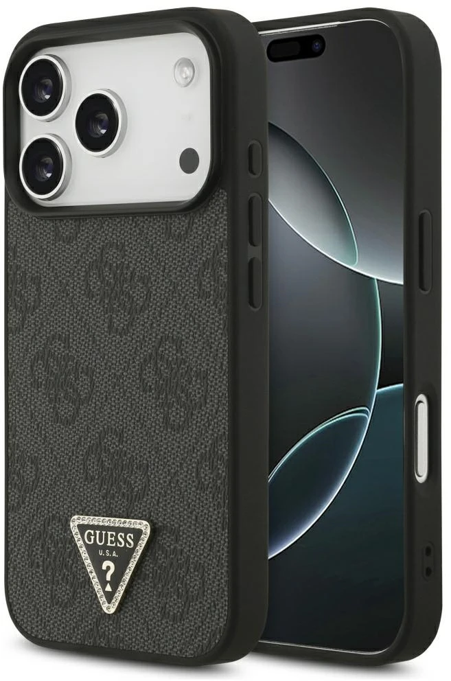 Dėklas Guess Leather 4G Triangle Strass MagSafe do iPhone 18 Pro / 17 Pro juoda