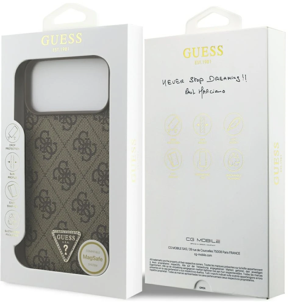 Dėklas Guess Leather 4G Triangle Strass MagSafe Case for iPhone 17 Pro Max / 18 Pro Max - Brown