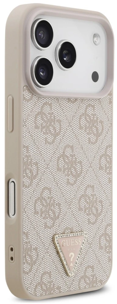 Dėklas Guess Leather 4G Triangle Strass MagSafe do iPhone 18 Pro / 17 Pro rožinė