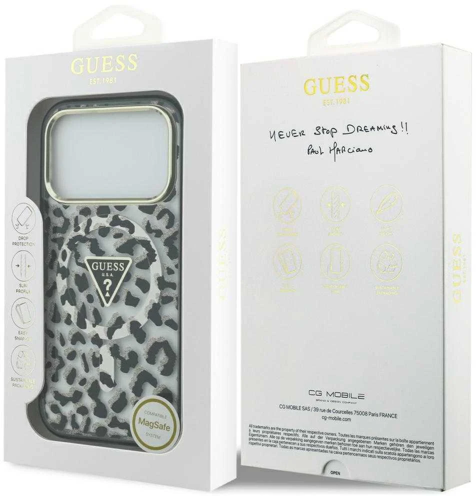 GUESS dėklas, skirtas IPHONE 17 Pro, suderinamas su MagSafe GUHMP17LHLEGTGLK (PC TPU su leopardo rašto blizgučiais), juodas