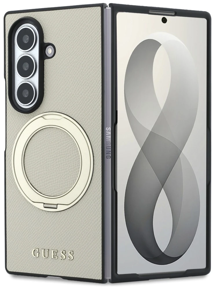 Dėklas Guess Magnetic Ring Stand Grained Classic Logo MagSafe do Samsung Galaxy Z Fold8 Ultra smėlio spalva