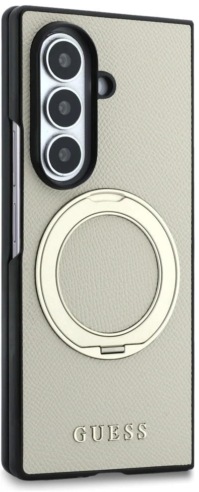 Dėklas Guess Magnetic Ring Stand Grained Classic Logo MagSafe do Samsung Galaxy Z Fold8 Ultra smėlio spalva
