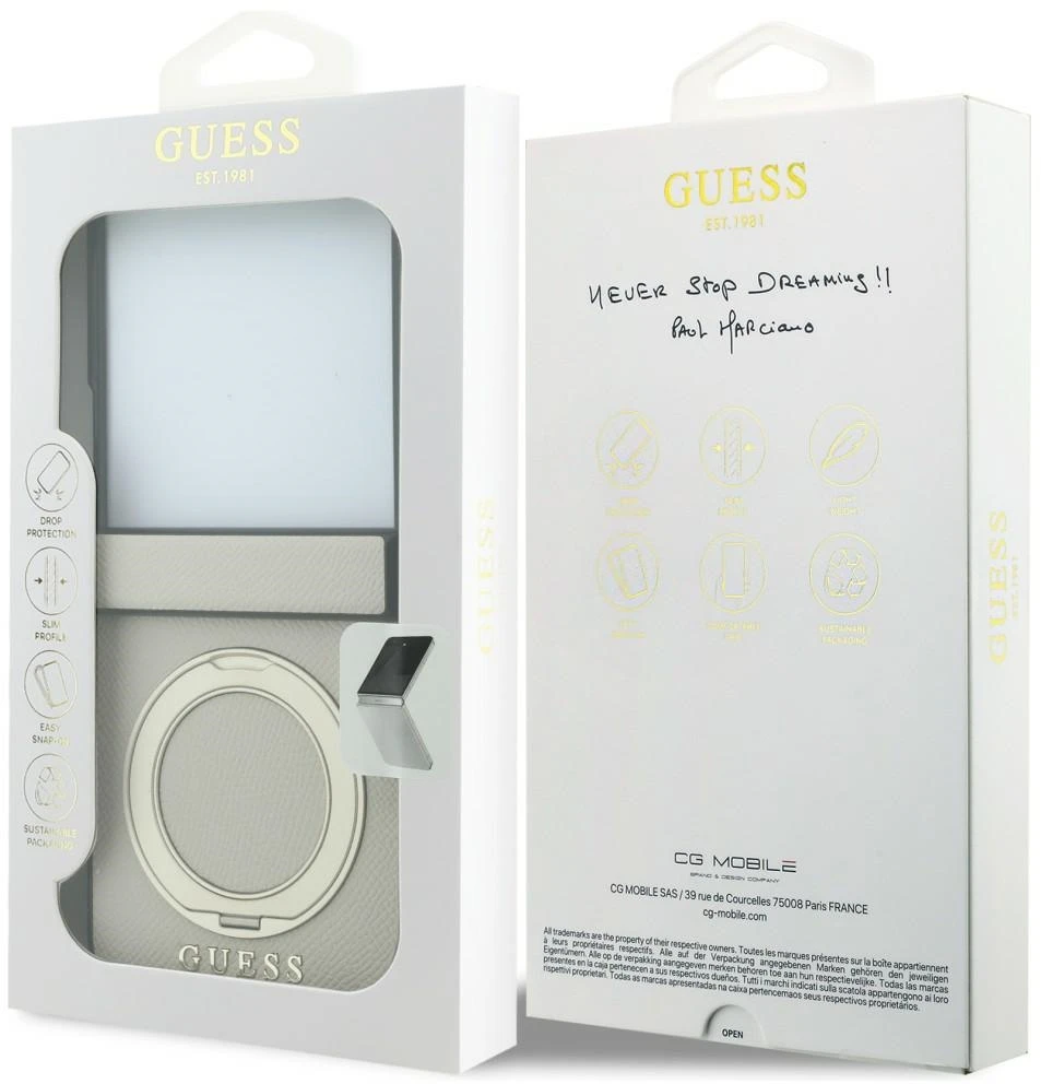 Dėklas Guess Magnetic Ring Stand Grained Classic Logo MagSafe do Samsung Galaxy Z Flip8 smėlio spalva