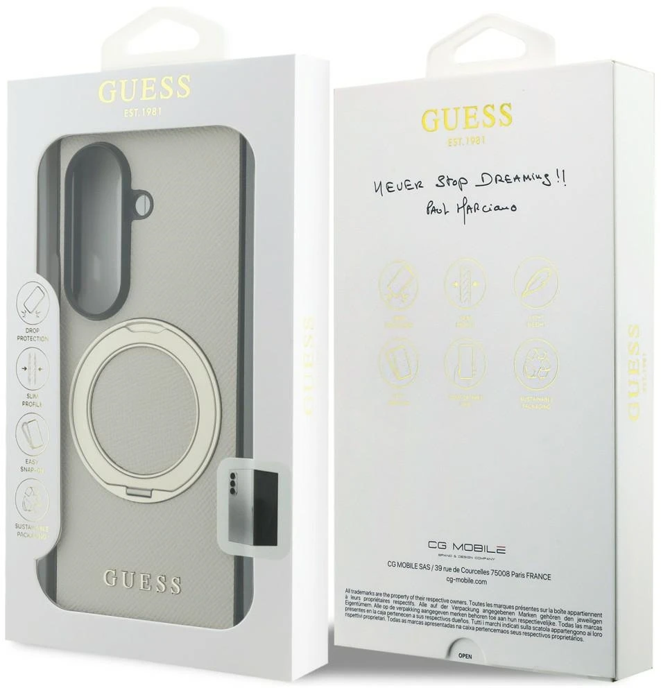 Dėklas Guess Magnetic Ring Stand Grained Classic Logo MagSafe do Samsung Galaxy Z Fold8 Ultra smėlio spalva