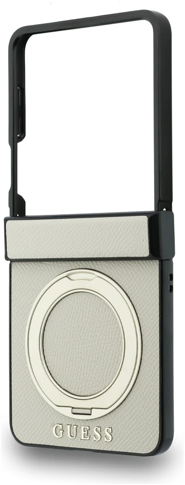Dėklas Guess Magnetic Ring Stand Grained Classic Logo MagSafe do Samsung Galaxy Z Flip8 smėlio spalva