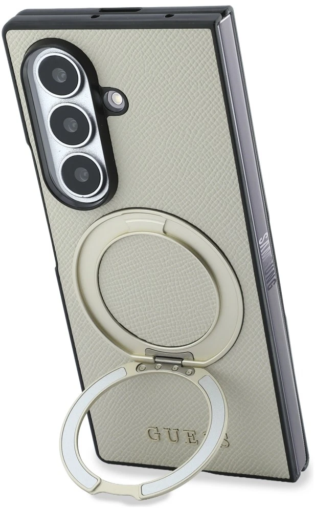 Dėklas Guess Magnetic Ring Stand Grained Classic Logo MagSafe do Samsung Galaxy Z Fold8 Ultra smėlio spalva