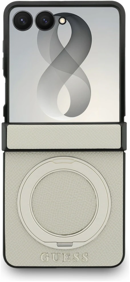 Dėklas Guess Magnetic Ring Stand Grained Classic Logo MagSafe do Samsung Galaxy Z Flip8 smėlio spalva