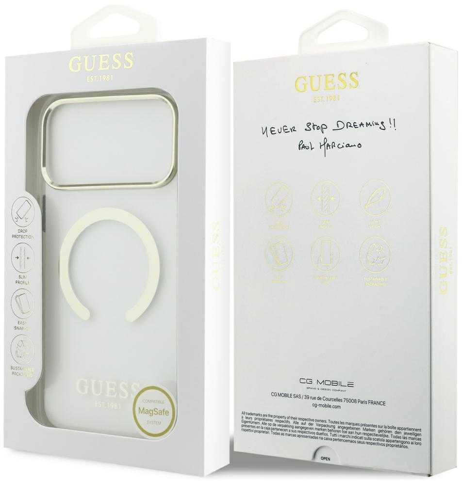 Guess Metal Outline MagSafe dėklas skirtas Apple iPhone 17 Pro Max sidabro spalvos