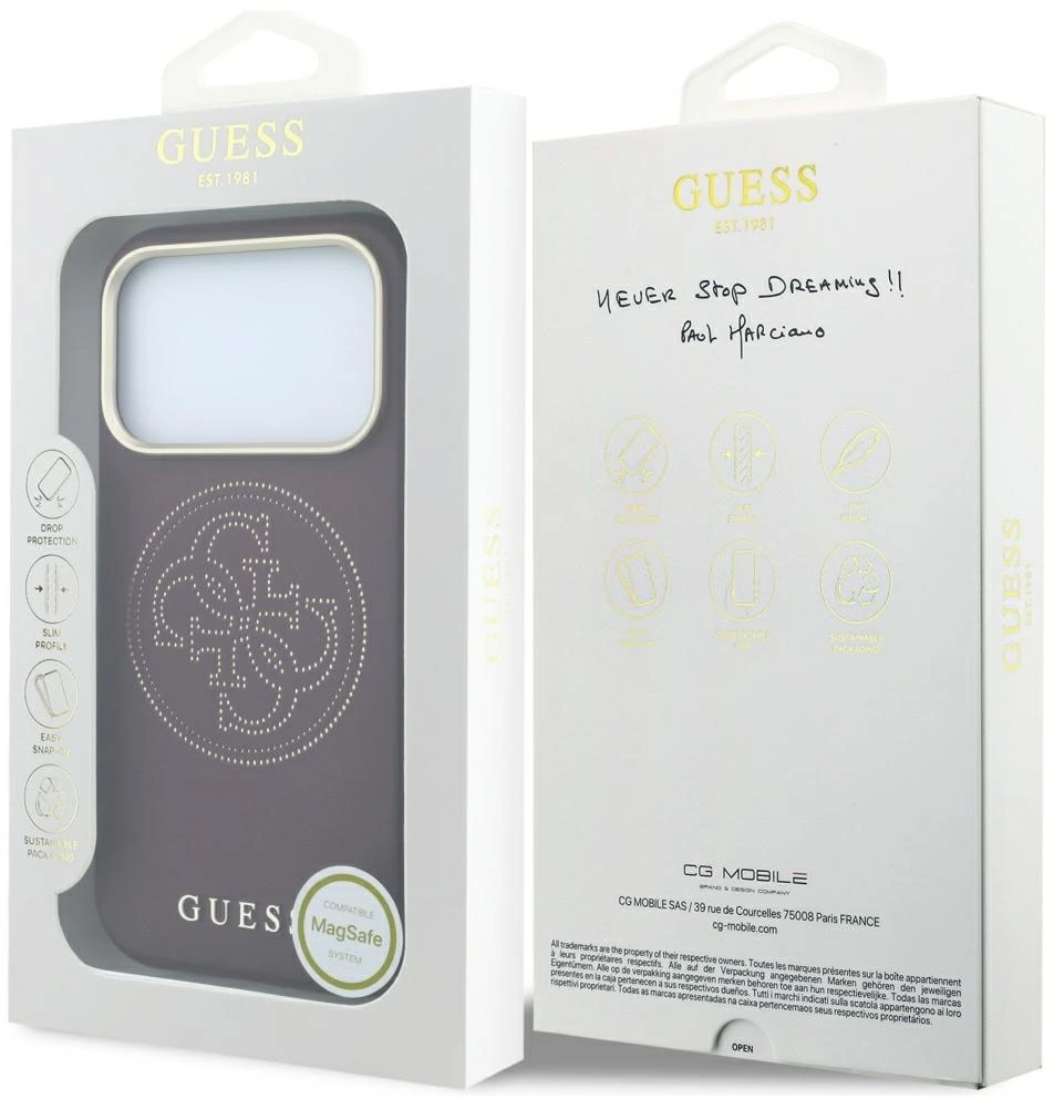 Dėklas Guess Perforated 4G Gold Logo Magsafe do iPhone 18 Pro Max / 17 Pro Max bordo spalvos