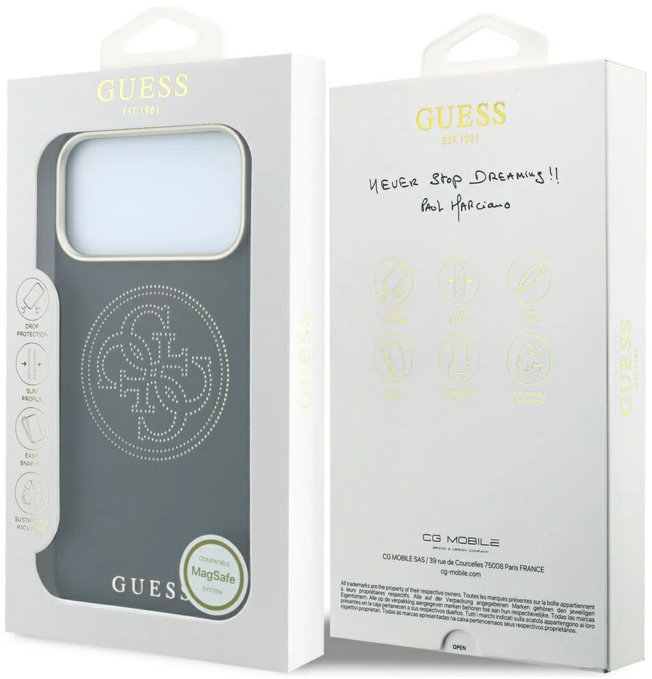Dėklas Guess Perforated 4G Gold Logo Magsafe do iPhone 18 Pro / 17 Pro juoda