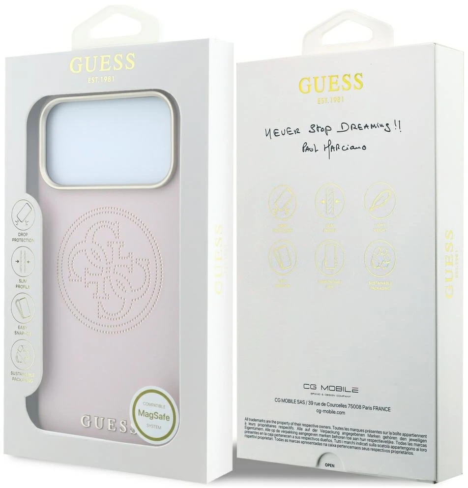 Dėklas Guess Perforated 4G Gold Logo Magsafe do iPhone 18 Pro / 17 Pro rožinė