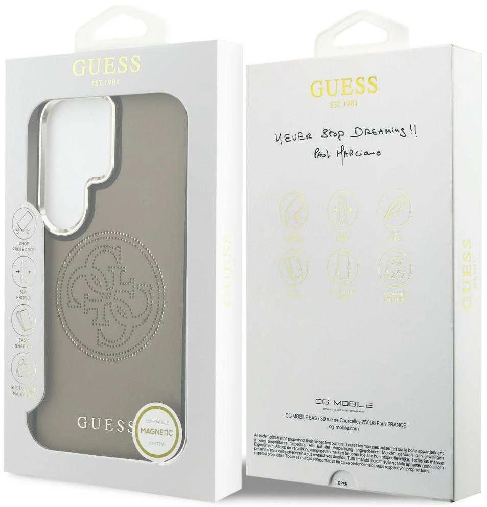 Guess PU Perforated 4G Logo Magnetic dėklas skirtas Samsung Galaxy S26 Ultra rudos spalvos