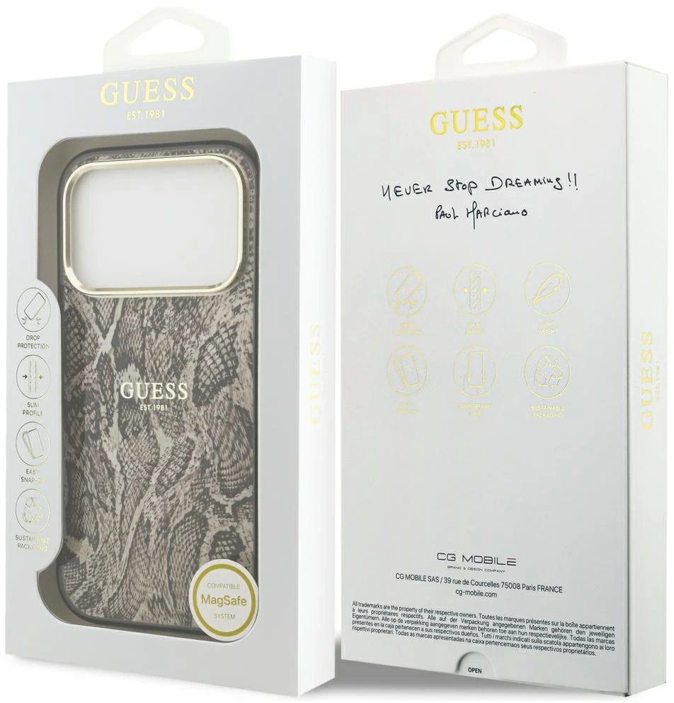 Dėklas Guess Python Pattern MagSafe Case for iPhone 17 Pro / 18 Pro - Brown