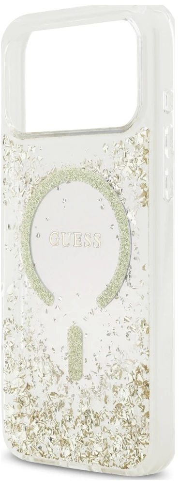 Dėklas Guess Resin Bottom Glitter MagSafe do iPhone 18 Pro Max / 17 Pro Max auksinė