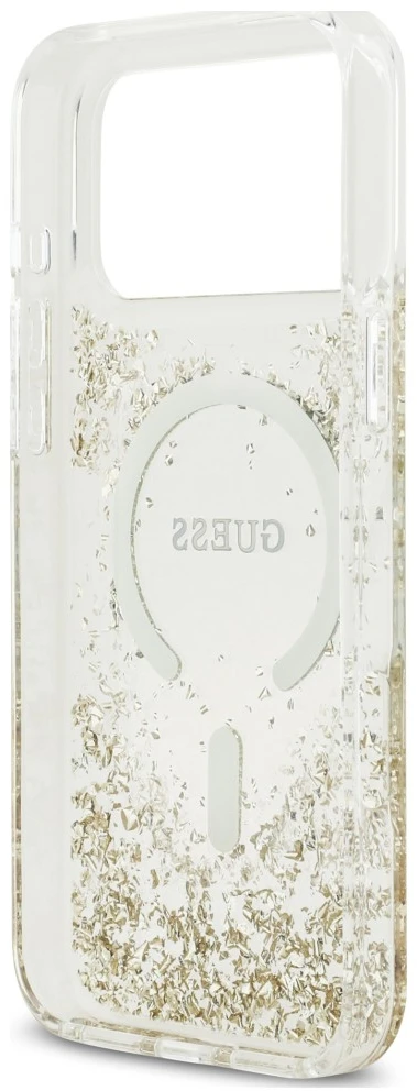 Dėklas Guess Resin Bottom Glitter MagSafe do iPhone 18 Pro Max / 17 Pro Max auksinė