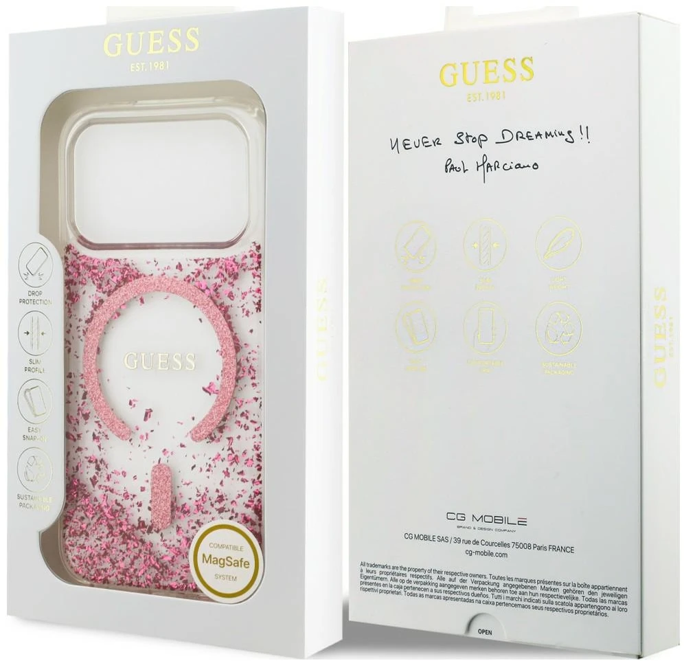 Dėklas Guess Resin Bottom Glitter MagSafe do iPhone 18 Pro Max / 17 Pro Max rožinė