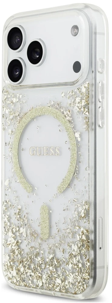 Dėklas Guess Resin Bottom Glitter MagSafe do iPhone 18 Pro Max / 17 Pro Max auksinė