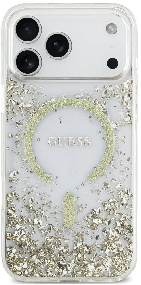 Dėklas Guess Resin Bottom Glitter MagSafe do iPhone 18 Pro Max / 17 Pro Max auksinė