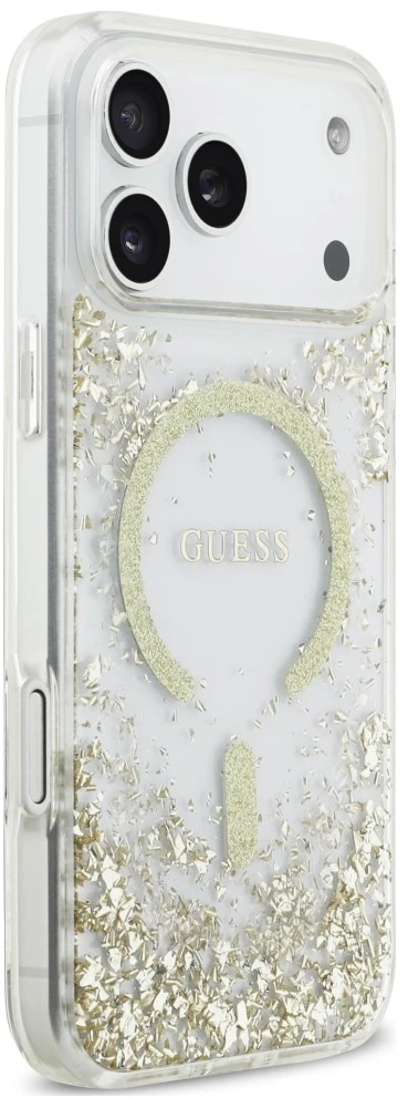 Dėklas Guess Resin Bottom Glitter MagSafe do iPhone 18 Pro Max / 17 Pro Max auksinė