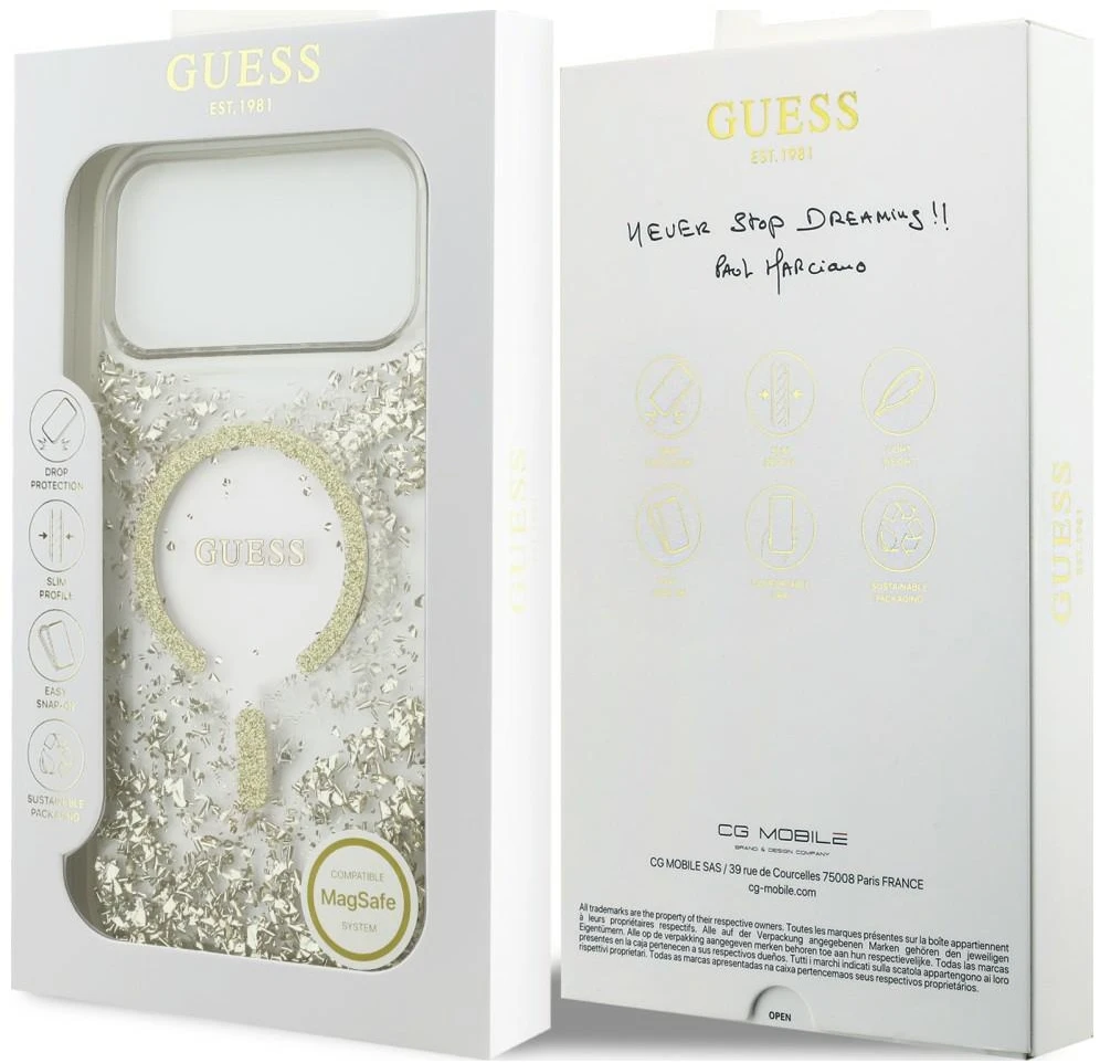 Dėklas Guess Resin Bottom Glitter MagSafe do iPhone 18 Pro Max / 17 Pro Max auksinė