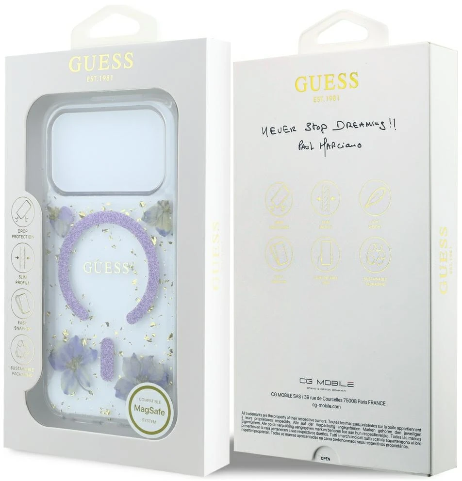 Dėklas Guess Resin Flowers Glitter MagSafe do iPhone 18 Pro Max / 17 Pro Max violetinė