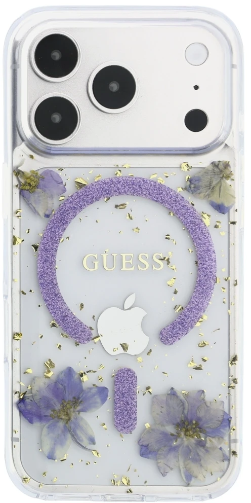 Dėklas Guess Resin Flowers Glitter MagSafe do iPhone 18 Pro Max / 17 Pro Max violetinė